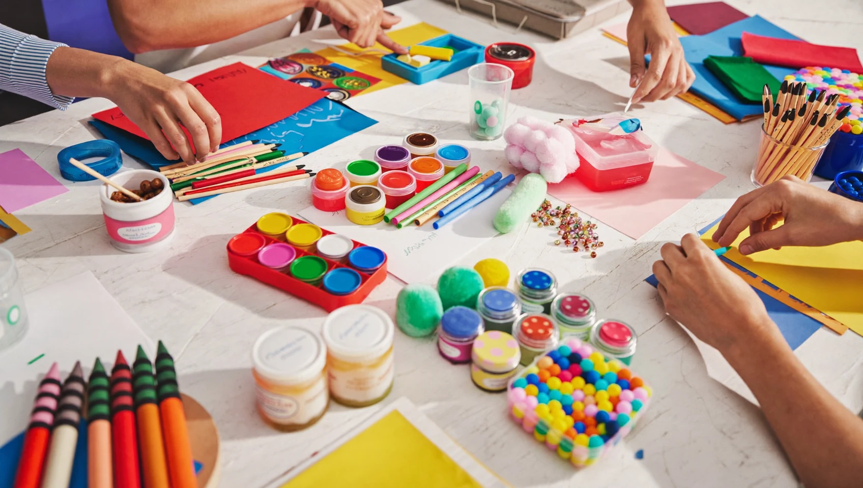 Illustration: farbenfroher Arbeitsplatz mit Malutensilien und Bastelmaterial